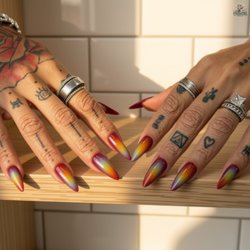 Premier Nails - Nail Salon Downtown Chicago - Autumn Ombré Glow Collection - A stunning blend of warm autumn colors, seamless ombré transitions, and artistic details on Gel-X extensio
