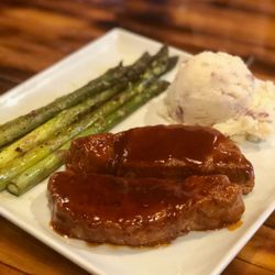 1834 Midway Tavern - BBQ T3 boneless pork chops, mashed potatoes and asparagus