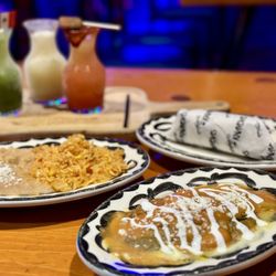 Kalaveras - Cheese chile relleno, beans and rice.  Margarita sampler with Cucumber, Coconut, Watermelon.