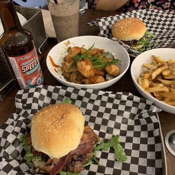 Woodshed Burgers - a smurf burger, mushroom melt with a poutine and buffalo mushroom caps with a coco cappuccino shake and craft cola pop - Burgers Near Me - Edmonton, Alberta