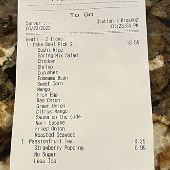 Domoishi - Bill for 1 poke bowl and 1 tea - Asian Fusion Near Me - Fredericksburg, Virginia