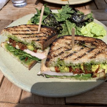 Fig Tree - Avocado Chicken Melt (sourdough, grilled chicken breast, avocado, salsa basil, watercress, sun dried tomatoes, swiss cheese - $18; May 2022) - Cafes Near Me - Los Angeles, California