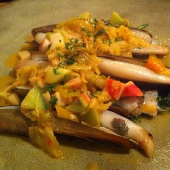 The Progress - Grilled Razor Clams in the Shell w/Kimchi Piccata & Chrysanthemum - New American Near Me - San Francisco, California The Progress - Grilled Razor Clams in the Shell w/Kimchi Piccata & Chrysanthemum - New American Near Me - San Francisco, California