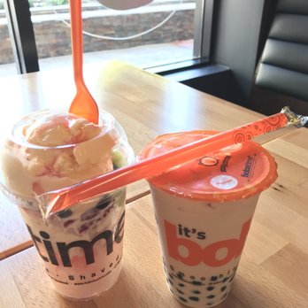 It's Boba Time - Fullerton - Left: Fruit bingsoo (comes with ice cream) Right: Milk tea with boba - Bubble Tea Near Me - Fullerton, California