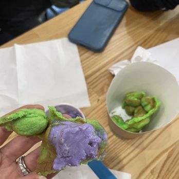 Churn And Bake Ice Cream - Coconut ube crunch with pandan bubble waffle - Ice Cream & Frozen Yogurt Near Me - Plano, Texas Churn And Bake Ice Cream - Coconut ube crunch with pandan bubble waffle - Ice Cream & Frozen Yogurt Near Me - Plano, Texas