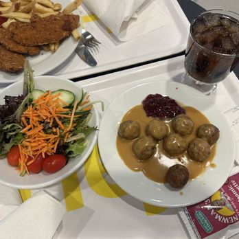 IKEA Restaurant - Garden salad (left), 2 side orders of Swedish meatballs (right), chicken tenders (back left) - Scandinavian Near Me - Brooklyn, New York IKEA Restaurant - Garden salad (left), 2 side orders of Swedish meatballs (right), chicken tenders (back left) - Scandinavian Near Me - Brooklyn, New York