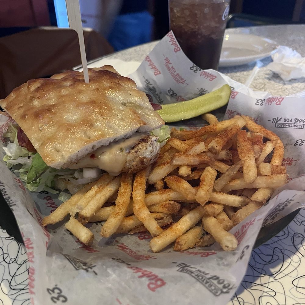 Bubba's 33 - Grilled chicken with avocado on focaccia bread and fire fries - Pizza Near Me - Chesapeake, Virginia