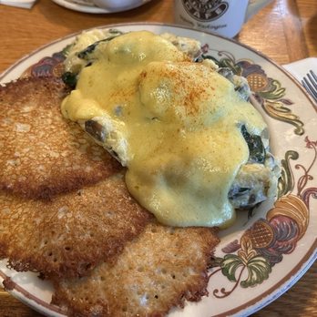 The Oak Table Cafe - Eggs Nicole with Fresh Potato Pancakes - Breakfast & Brunch Near Me - Sequim, Washington The Oak Table Cafe - Eggs Nicole with Fresh Potato Pancakes - Breakfast & Brunch Near Me - Sequim, Washington