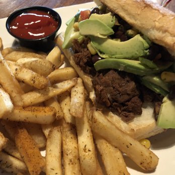 Lafayette Brewing Co - Jackfruit torta with a side of seasoned fries. - American Near Me - Lafayette, Indiana Lafayette Brewing Co - Jackfruit torta with a side of seasoned fries. - American Near Me - Lafayette, Indiana