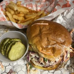 Tenders Sando with Nashville hot spice, fries, and extra pickles!