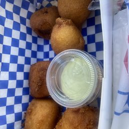 Macaroni hush puppies (left); Spicy sausage hush puppies (right) Not pictured: delicious corn dog which was gone in 5 seconds Macaroni hush puppies (left); Spicy sausage hush puppies (right) Not pictured: delicious corn dog which was gone in 5 seconds