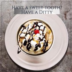 Ditty's Pizza - Ditty(Chocolate chip cookie topped with vanilla ice cream, whipped cream, chocolate and caramel syrup and a cherry on top)