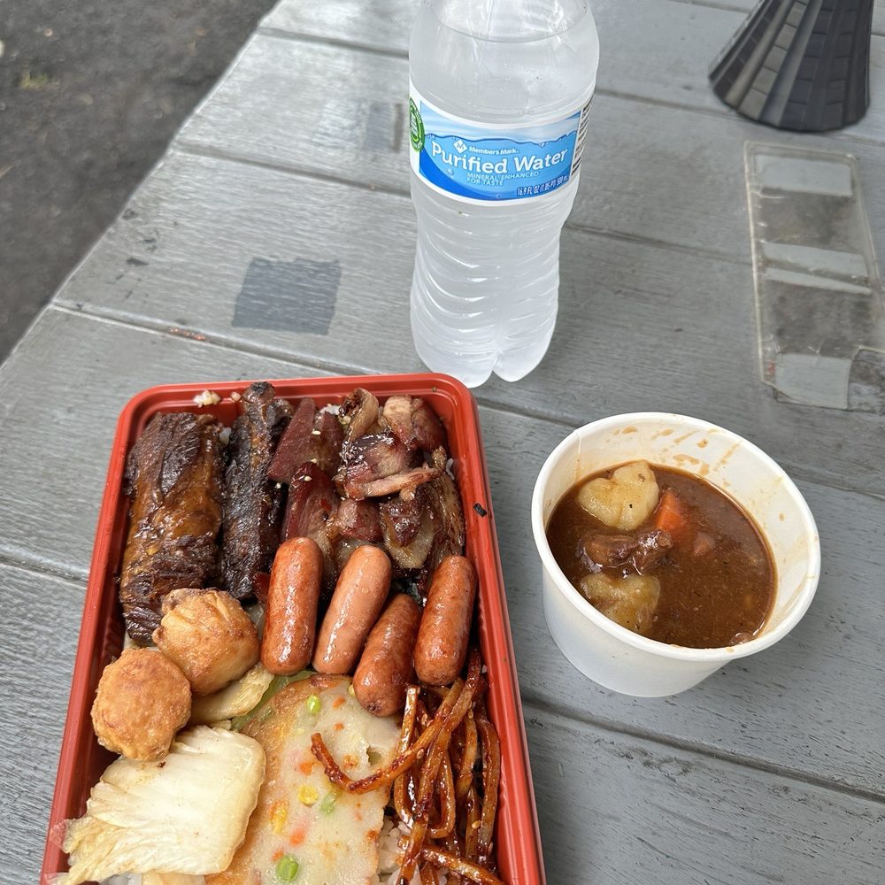 Taka's Box Lunch - Smoked Bento: Kimchee, fish cake, taegu, shu mai, lil smokies, smoke meat, tender beef tips. Bonus: sample of beef stew. - Breakfast & Brunch Near Me - Honolulu, Hawaii Taka's Box Lunch - Smoked Bento: Kimchee, fish cake, taegu, shu mai, lil smokies, smoke meat, tender beef tips. Bonus: sample of beef stew. - Breakfast & Brunch Near Me - Honolulu, Hawaii
