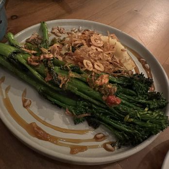 Ember - Charred Broccolini with potatoes Skordalia, fried garlic chips - New American Near Me - Arroyo Grande, California