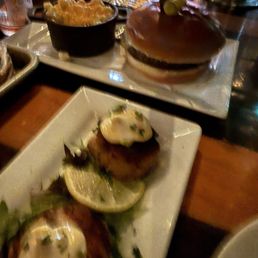 Seafood cakes, burger & Mac and Cheese Seafood cakes, burger & Mac and Cheese