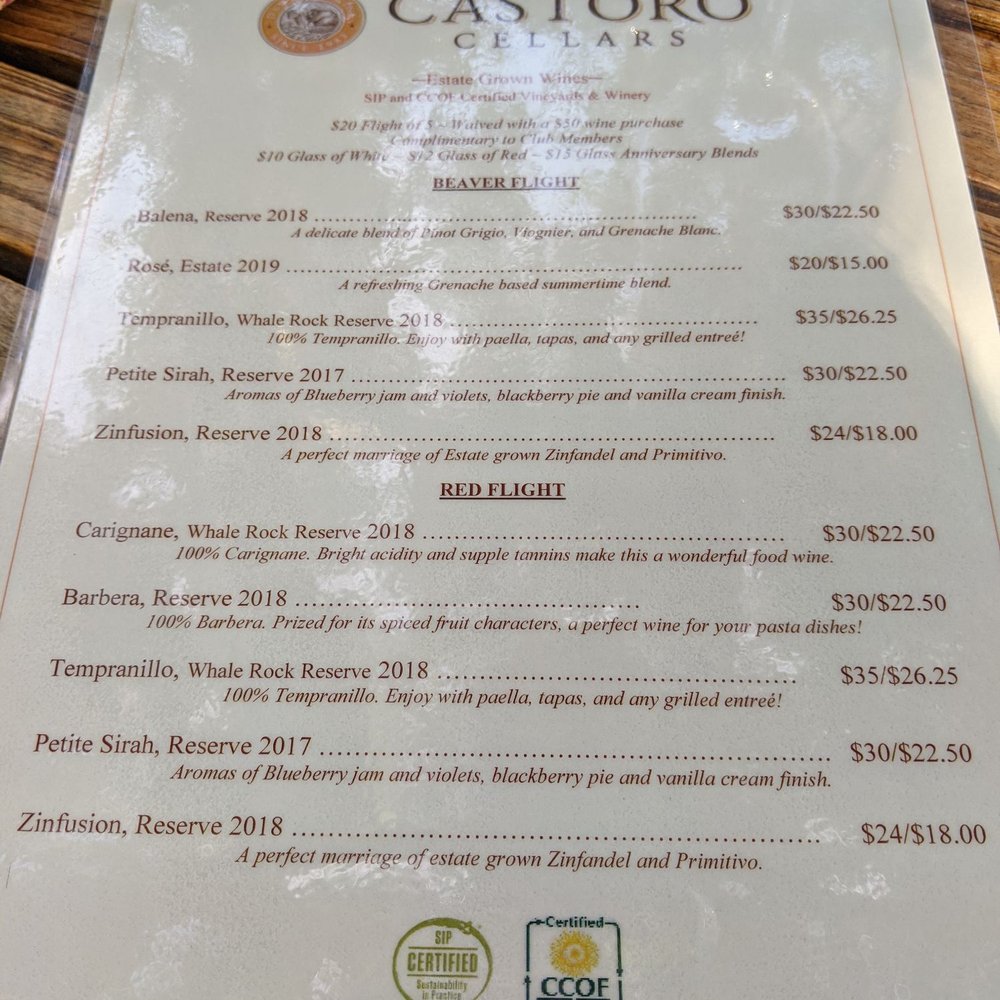 Castoro Cellars - Tasting menu as of Oct 2020 - Wineries Near Me - Templeton, California Castoro Cellars - Tasting menu as of Oct 2020 - Wineries Near Me - Templeton, California