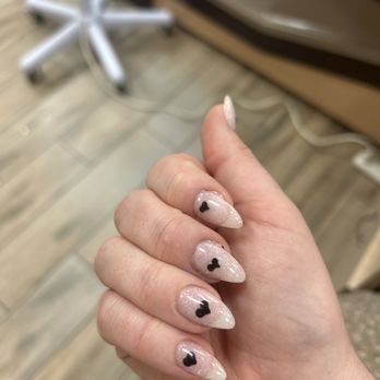 Luxy Nails Spa - Sclera white base with glitter & black hearts - Nail Salons Near Me - Covington, Georgia