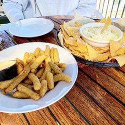Pickle Fries & Spinach/Artichoke Dip appetizers