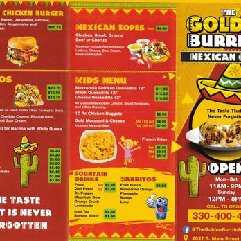 The Golden Burrito - First page of takeout menu - Mexican Near Me - Akron, Ohio