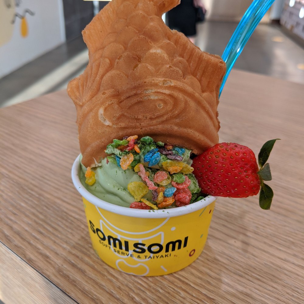 Somisomi - Upside down - Matcha ice cream with fruity pebbles and a strawberry - Desserts Near Me - Frisco, Texas Somisomi - Upside down - Matcha ice cream with fruity pebbles and a strawberry - Desserts Near Me - Frisco, Texas