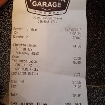 Vinsetta Garage - The bill for 2x meals and a beer - sub fries instead of house chips (extra $1.95 each meal) - American Near Me - Berkley, Michigan Vinsetta Garage - The bill for 2x meals and a beer - sub fries instead of house chips (extra $1.95 each meal) - American Near Me - Berkley, Michigan