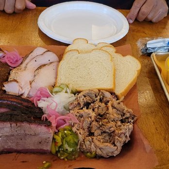 Owens & Hull - Huey platter - minus sausage (they were out so we got a li'l extra brisket) Pick 3 sides: We chose mac & cheese, collards & grits - Barbeque Near Me - Mableton, Georgia Owens & Hull - Huey platter - minus sausage (they were out so we got a li'l extra brisket) Pick 3 sides: We chose mac & cheese, collards & grits - Barbeque Near Me - Mableton, Georgia