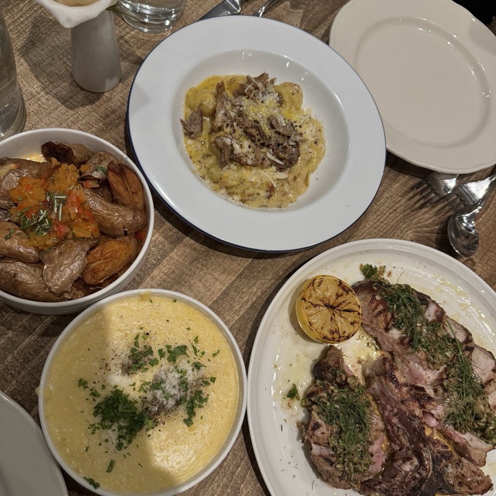 Gnocchi Carbonara, Pork Bistecca, crispy potato and soft polenta
