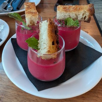 Marina - Amuse Bouche: red beet and tomato gazpacho shooter - Italian Near Me - Pasadena, California