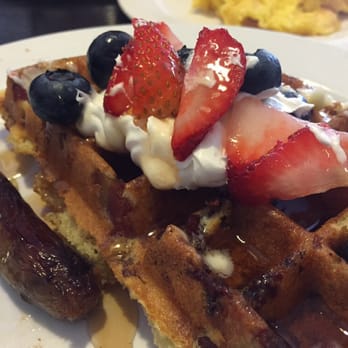 Cafe Agora - Bacon Waffle ( bacon Cooker In Batter) large Chunks too! - Breakfast & Brunch Near Me - Menomonee Falls, Wisconsin Cafe Agora - Bacon Waffle ( bacon Cooker In Batter) large Chunks too! - Breakfast & Brunch Near Me - Menomonee Falls, Wisconsin