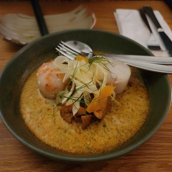 Torafuku - Halibut, scallop, and tiger prawn in tom khai sauce - Asian Fusion Near Me - Vancouver, British Columbia