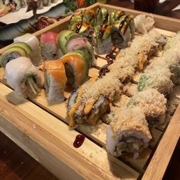 Left to right: rainbow, above-volcano, Dubuque and dragon rolls.