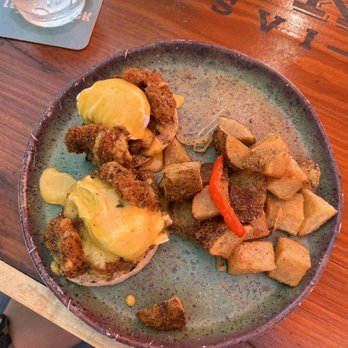Hook'd USVI - Herb crusted shrimp eggs Benedict - New American Near Me - Red Hook, Virgin Islands