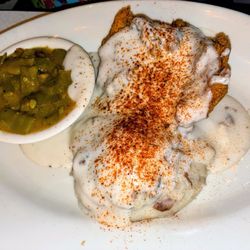 $12.99 Lunch Combo Cajun Fried Chicken with Mashed Potatoes, Smothered Green Beans, Petite Salad & Drink.