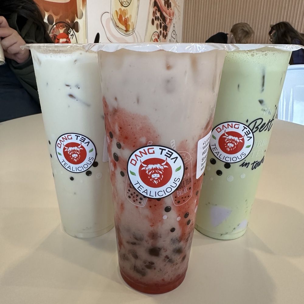 Back: green milk tea and matcha macchiato Front: strawberry milk tea. Back: green milk tea and matcha macchiato Front: strawberry milk tea.