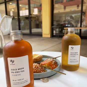 Steep - Pu-erh Cold Brew + Cold Brew Oolong + Assortment of Savory & Sweet Shifu (Baked Pastry - egg custard tart + bbq chicken) - Tea Rooms Near Me - Los Angeles, California Steep - Pu-erh Cold Brew + Cold Brew Oolong + Assortment of Savory & Sweet Shifu (Baked Pastry - egg custard tart + bbq chicken) - Tea Rooms Near Me - Los Angeles, California