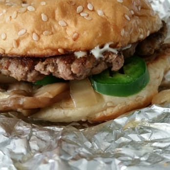Five Guys - Little Burger with grilled mushrooms, grilled onions , mayo, and jalapeños. - Burgers Near Me - Studio City, California Five Guys - Little Burger with grilled mushrooms, grilled onions , mayo, and jalapeños. - Burgers Near Me - Studio City, California