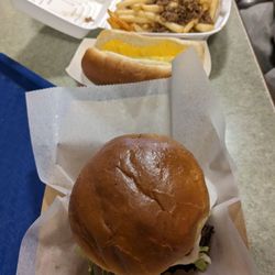 Coney Island Hot Dogs - Deluxe burger, chili fries, cheese dog
