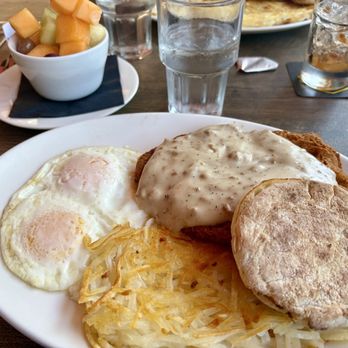 Jack's Restaurant & Bar - Delicious, tender chicken fried steak and eggs. The bread is an English muffin. Fruit cup on the side. - Breakfast & Brunch Near Me - San Jose, California Jack's Restaurant & Bar - Delicious, tender chicken fried steak and eggs. The bread is an English muffin. Fruit cup on the side. - Breakfast & Brunch Near Me - San Jose, California