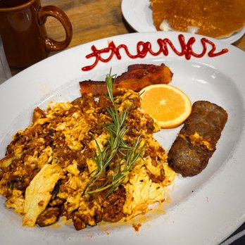 Chops & Eggs - Farmers Choice: Scrambled Eggs w/ Chorizo and Potato, Bacon, and Lamb Sausage. - New American Near Me - Corpus Christi, Texas Chops & Eggs - Farmers Choice: Scrambled Eggs w/ Chorizo and Potato, Bacon, and Lamb Sausage. - New American Near Me - Corpus Christi, Texas