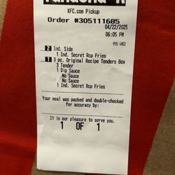 KFC - Receipt, this deal was supposed to come with sauces and we did not receive sauces