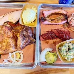 Half Chicken, 1/4 pulled pork, 1 sausage, 1/2 ribs, 1/4 Turkey, broccoli salad, potato salad Half Chicken, 1/4 pulled pork, 1 sausage, 1/2 ribs, 1/4 Turkey, broccoli salad, potato salad