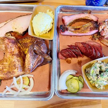 Guess Family Barbecue - Half Chicken, 1/4 pulled pork, 1 sausage, 1/2 ribs, 1/4 Turkey, broccoli salad, potato salad - Barbeque Near Me - Waco, Texas Guess Family Barbecue - Half Chicken, 1/4 pulled pork, 1 sausage, 1/2 ribs, 1/4 Turkey, broccoli salad, potato salad - Barbeque Near Me - Waco, Texas