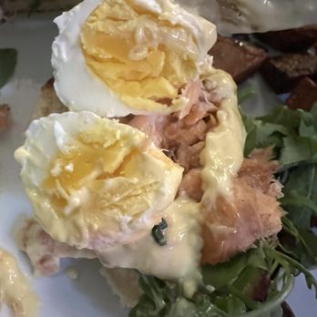 Duchess - Salmon Benedict- really? This is actually a head boil egg - Seafood Near Me - Houston, Texas Duchess - Salmon Benedict- really? This is actually a head boil egg - Seafood Near Me - Houston, Texas