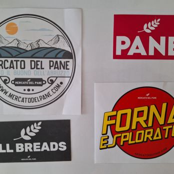 Mercato del Pane - They lean hip (and hipster), so they have these stickers, with the bottom right hand one meaning "exploratory bakers" - Bakeries Near Me - Montesilvano, Prince Edward Island