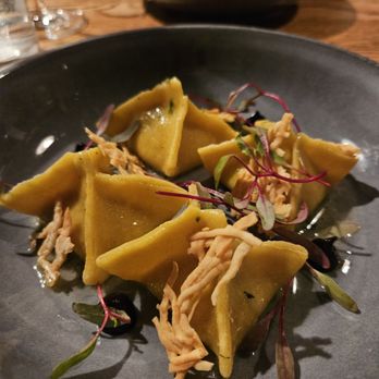 Shift Kitchen & Bar - Sacchetti Pasta (parsnip & ricotta filling, black garlic & pecorino chip) 10.25.2024 - New American Near Me - Flagstaff, Arizona