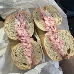 Cinnamon raisin bagel with strawberry cream cheese