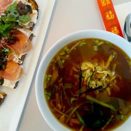 Speck and fig toast, duck ramen soup Speck and fig toast, duck ramen soup