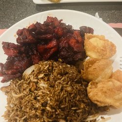 Dragon Palace - Combination bbq ribs and chicken fried rice wit crab ragon
