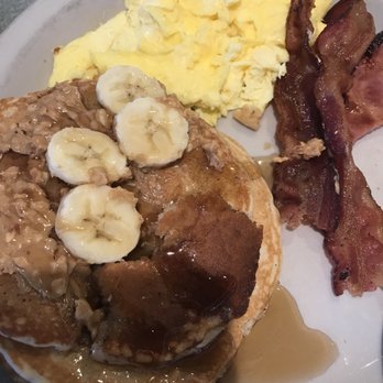 Country Waffles - Pb Pancake Special w scrambled eggs & bacon, I added banana slices & a side of chunky pb to spread on top before drizzling it w maple syrup! - Waffles Near Me - Citrus Heights, California