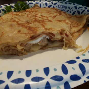 Sunrise Cafe - Sausage, egg, cheese crepe. Loved it. May be bland for those who are use to more kick. - Creperies Near Me - Bar Harbor, Maine